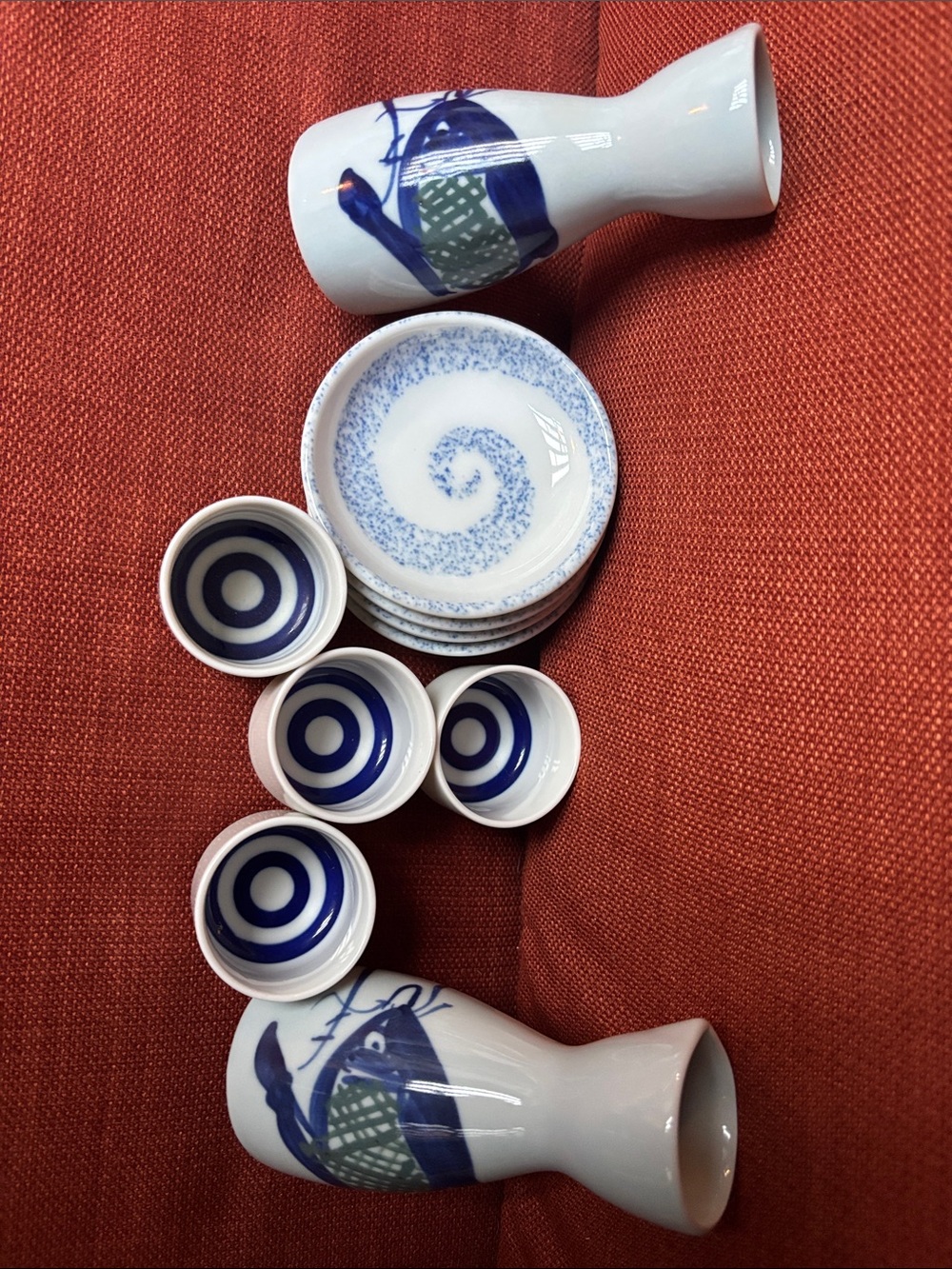 10 piece Blue and White Ceramic Sake Set with Spiral & Ring Motifs